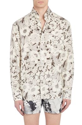 TOM FORD Fluid Fit Floral Print Button-Down Shirt in Combo White/Black