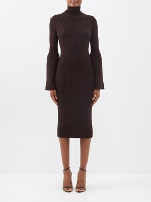 Tom Ford - Fluted-sleeve Ribbed-knit Wool Dress - Womens - Brown