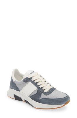 TOM FORD Jagga Mixed Media Low Top Sneaker in Silver/Petrol Blue/White