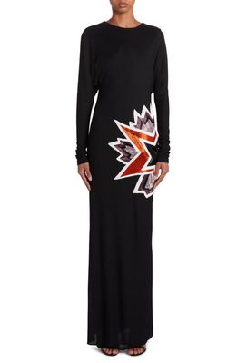 TOM FORD Kapow Beaded Detail Long Sleeve Crepe Gown in Black/Multicolor