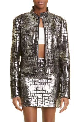TOM FORD Laminated Croc Embossed Leather Biker Jacket in Silver