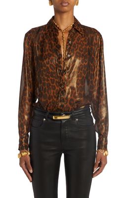 TOM FORD Laminated Leopard Metallic Silk Button-Up Shirt in Camel