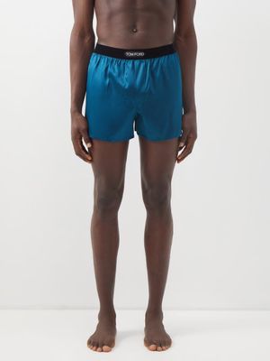 Tom Ford - Logo-patch Silk-blend Satin Boxer Shorts - Mens - Blue