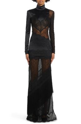 TOM FORD Long Sleeve Floral Lace & Stretch Satin Gown in Black
