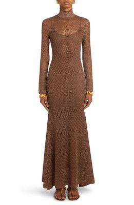 TOM FORD Long Sleeve Metallic Lace Turtleneck Maxi Dress in Antique Bronze