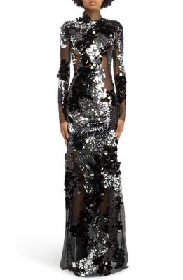 TOM FORD Long Sleeve Sequin & Mesh Gown in Black/Silver