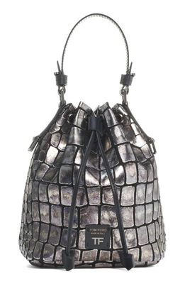 TOM FORD Metallic Croc Embossed Leather Bucket Bag in Silver/Black