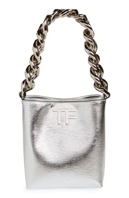TOM FORD Mini Lizard Embossed Metallic Leather Top Handle Bag in Silver