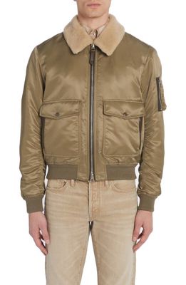 TOM FORD Nylon Twill Flight Jacket with Genuine Shearling Collar in Khaki