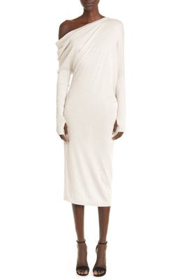 TOM FORD One-Shoulder Long Sleeve Cashmere & Silk Midi Sweater Dress in Chalk