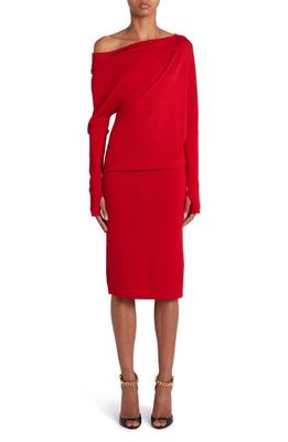 TOM FORD One-Shoulder Long Sleeve Cashmere & Silk Midi Sweater Dress in Red