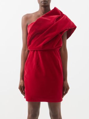 Tom Ford - One-shoulder Ruffled Cotton-velvet Mini Dress - Womens - Raspberry