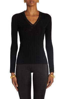 TOM FORD Open Stitch V-Neck Cashmere & Silk Blend Sweater in Black