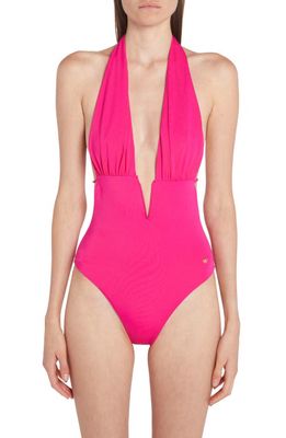 Tom Ford Plunge Halter Neck Glossy Jersey One-Piece Swimsuit in Hot Pink