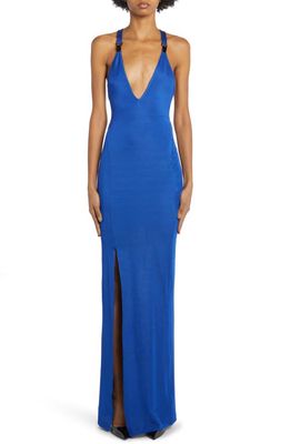 TOM FORD Plunge Neck Crepe Jersey Gown in Cobalt Blue