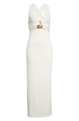 TOM FORD Plunge Neck Stretch Sable Evening Gown in Pearl White