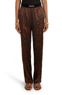 TOM FORD Reflected Leopard Print Stretch Silk Pajama Pants in Dark Brown