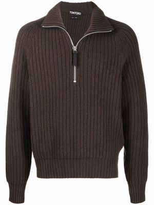 TOM FORD ribbed-knit zip-fastening jumper - Brown