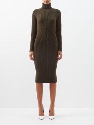 Tom Ford - Roll-neck Rib-knitted Wool Dress - Womens - Khaki