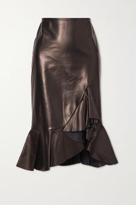 TOM FORD - Ruffled Leather Midi Skirt - Black