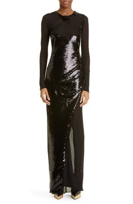TOM FORD Sequin & Illusion Lace Long Sleeve Column Gown in Black