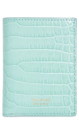 TOM FORD T-Line Croc Embossed Leather Bifold Card Case in Turquoise
