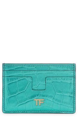 TOM FORD T-Line Metallic Croc Embossed Leather Card Holder in Lagoon