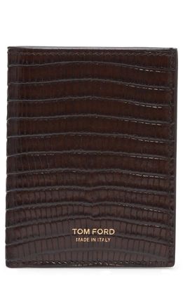 TOM FORD Tesus T Line Lizard Embossed Leather Bifold Card Case in Chocolate Brown