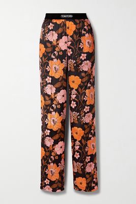 TOM FORD - Velvet-trimmed Floral-print Stretch-silk Satin Pants - Black