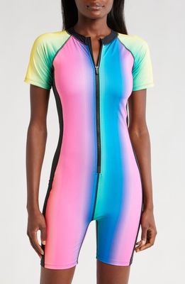 TomboyX 6-Inch One-Piece Rashguard Swimsuit in Melting Rainbow 