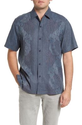 Tommy Bahama Bali Border Floral Jacquard Short Sleeve Silk Button-Up Shirt in Navy