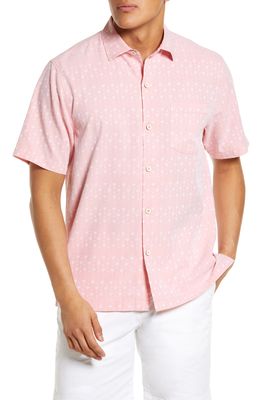 Tommy Bahama Coconut Point Geo Fronds Print Short Sleeve Button-Up Shirt in Coral Reef