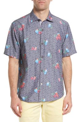 Tommy Bahama Coconut Point Tiki Cocktail Print Short Sleeve Button-Up Shirt in Argent