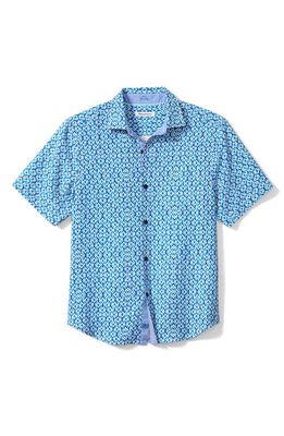 Tommy Bahama Diamond Tides Print Short Sleeve Silk Button-Up Shirt in Atlantis Teal