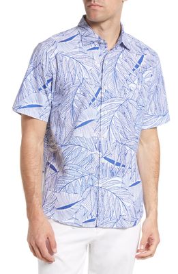 Tommy Bahama Nova Wave Leaf Print Short Sleeve Cotton Blend Button-Up Shirt in Royal Indigo