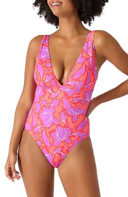 Tommy Bahama Palm Modern Blissful Plunge Neck One-Piece Swimsuit in Pure Coral