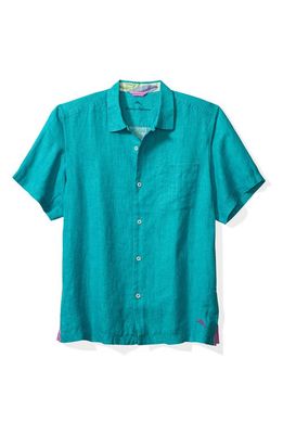 Tommy Bahama Sea Glass Short Sleeve Button-Up Linen Camp Shirt in Riviera Azure
