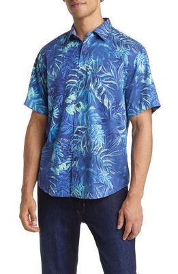 Tommy Bahama Solana Sands Leaf Print Short Sleeve Silk Button-Up Shirt in Kingdom Blue
