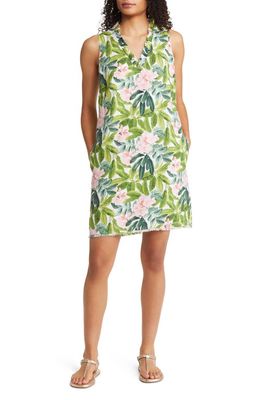Tommy Bahama Summersweet Tropical Print Sleeveless Linen Shift Dress in Green/White