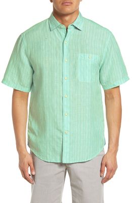 Tommy Bahama Surfside Stripe Short Sleeve Linen Blend Camp Shirt in Jade Cream