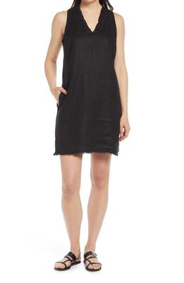 Tommy Bahama Two Palms Ruffle V-Neck Linen A-Line Dress in Black