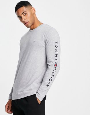 Tommy Hilfiger arm logo cotton long sleeve top in gray heather