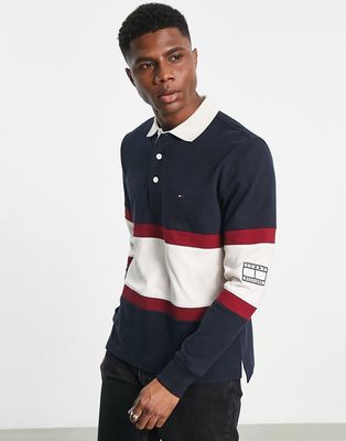 Tommy Hilfiger cross chest blockstripe rugby polo in navy