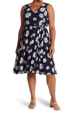 Tommy Hilfiger Daisy Lace Floral Belted Dress in Sky Captain/Ivory