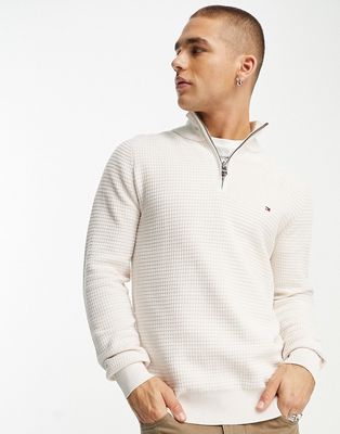 Tommy Hilfiger flag logo half zip sweater in cream-White