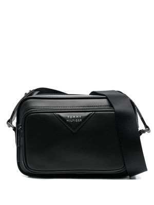 Tommy Hilfiger logo-stamp leather messenger bag - Black