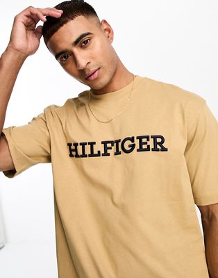 Tommy Hilfiger monotype embroidered logo t-shirt in beige-Green