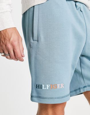 Tommy Hilfiger multi logo sweat shorts in light blue