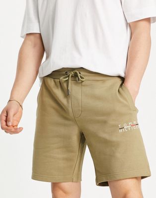 Tommy Hilfiger square logo sweat shorts in tan-Brown