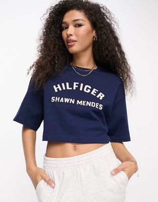 Tommy Hilfiger x Shawn Mendes arch logo graphic cropped short sleeve t-shirt in navy
